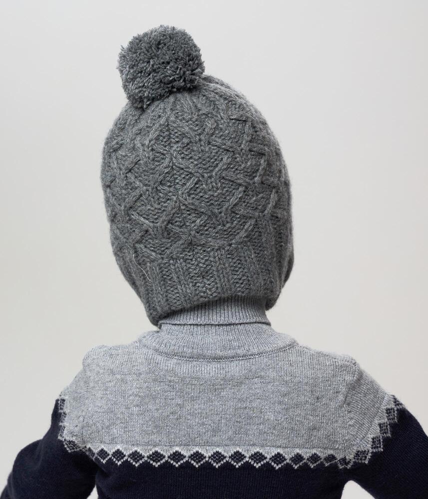 10138 Boys’ Striped Winter Knit Hat with Earflaps & Pom-Pom | Gray Textured Pattern | Sizes 50–52 cm | 18–36 Months | Wool | 100% Cotton Lining