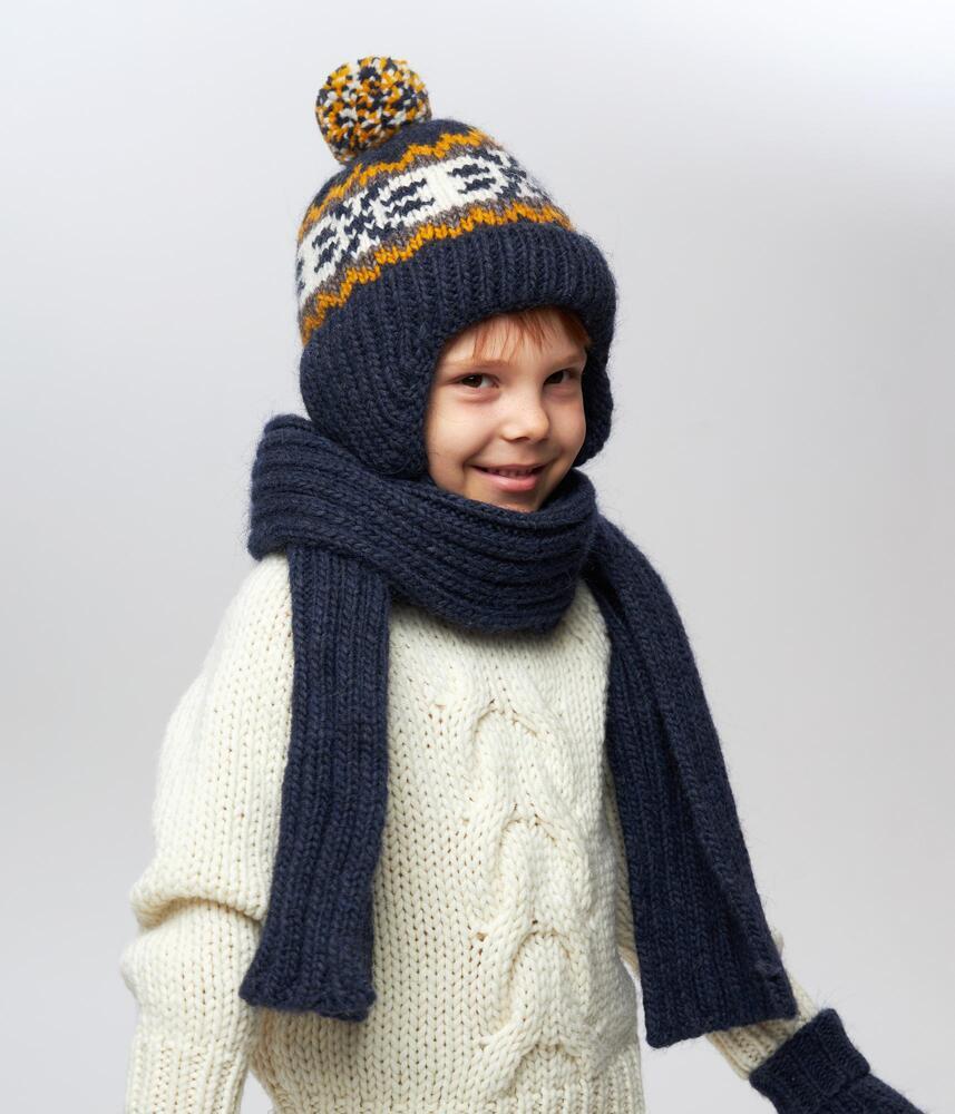 10028 Boys’ Winter Knit Hat with Pom-Pom & Earflaps – Striped & Nordic Design | Size 52-54 | 3–5 years | Baby Alpaca, Wool | 100% Cotton Lining