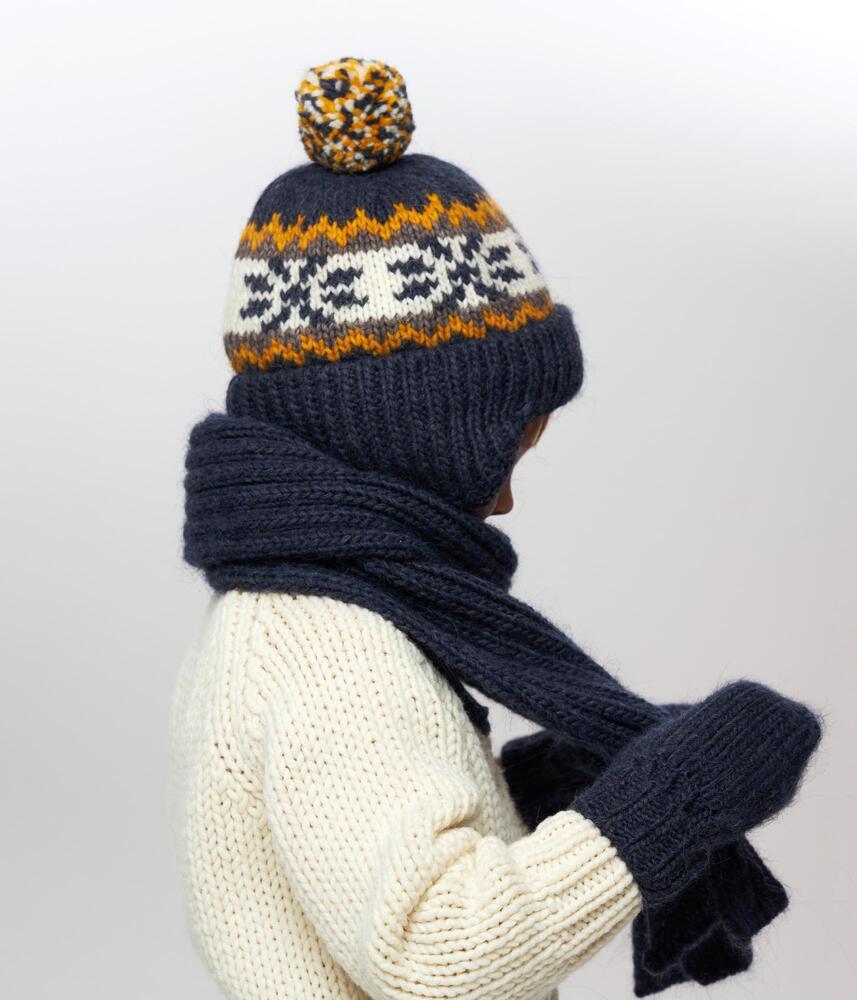 10028 Boys’ Winter Knit Hat with Pom-Pom & Earflaps – Striped & Nordic Design | Size 52-54 | 3–5 years | Baby Alpaca, Wool | 100% Cotton Lining