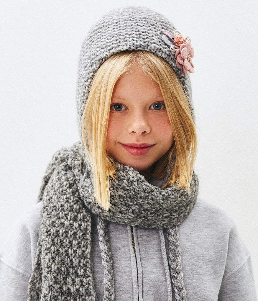 10143 Girls’ Winter Knit Hat with Textile Flower Appliqué & Long Tie Strings | Cotton Lining | Size 54–56 cm (7–12 Years)