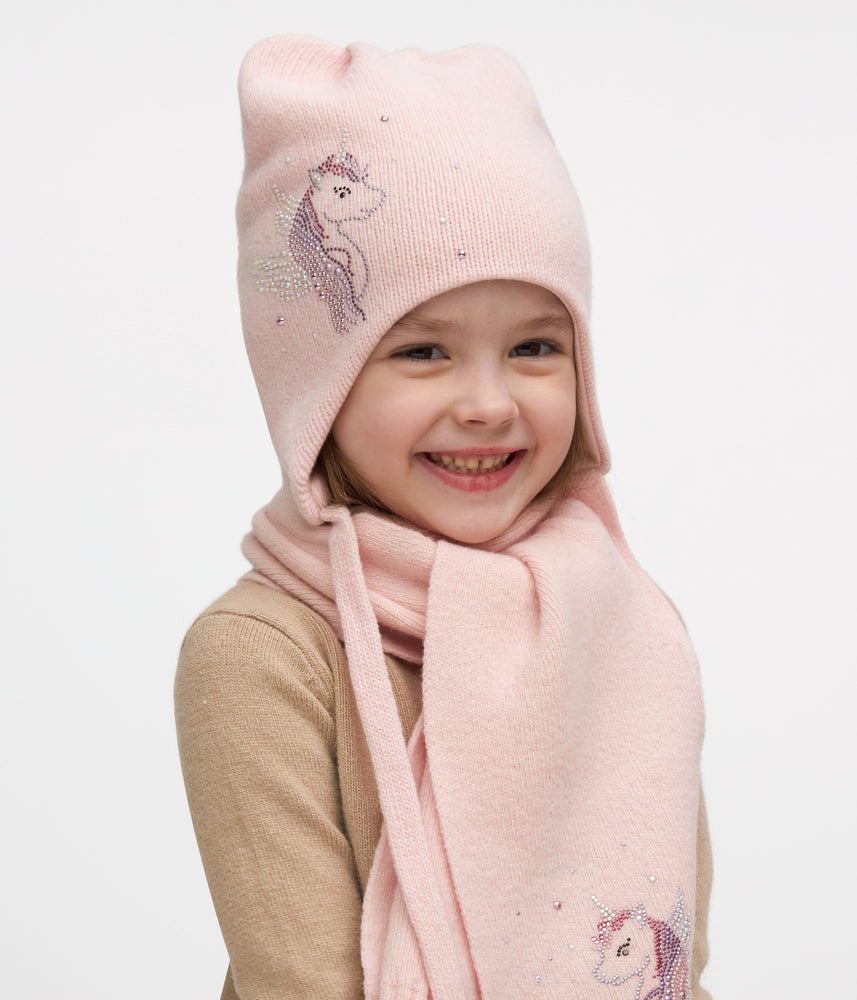 11261 Girls’ Warm Winter Hat with Ears, Tie Strings & Unicorn Rhinestone Design | 18–36 Months | Cashmere Wool Blend, Cotton Lining
