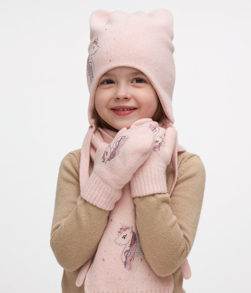 11261 Girls’ Warm Winter Hat with Ears, Tie Strings & Unicorn Rhinestone Design | 18–36 Months | Cashmere Wool Blend, Cotton Lining