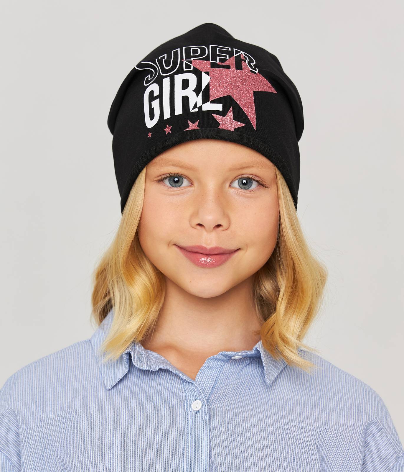 10891 Girls' Black Beanie "SUPER GIRL" with Glitter Stars ✨ Cotton Blend | Size 54–56 | Ages 6–12 | Spring & Summer