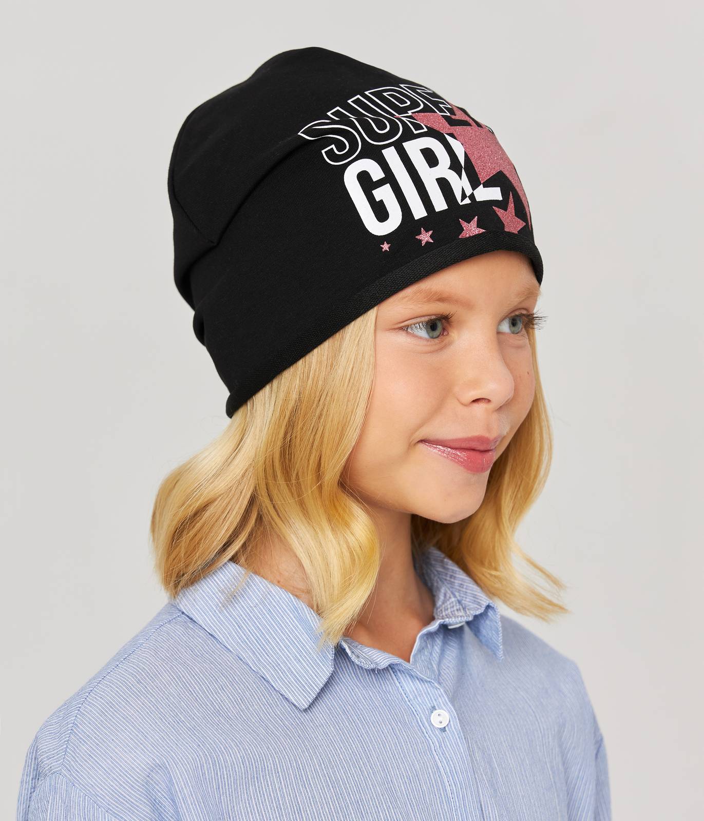 10891 Girls' Black Beanie "SUPER GIRL" with Glitter Stars ✨ Cotton Blend | Size 54–56 | Ages 6–12 | Spring & Summer