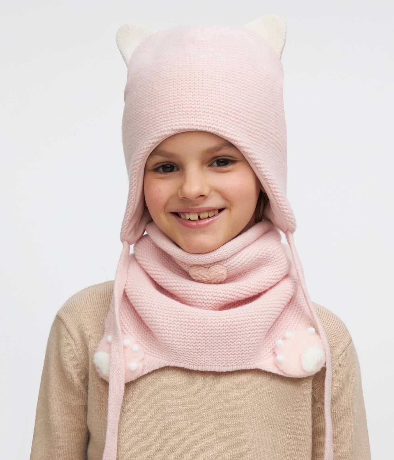 11461 Girls’ Winter Hat & Snood Set with Cute Ears and Paw Details – Cashmere & Wool Blend | Ages 3–5 Years (52–54 cm) | 100% Cotton Lining