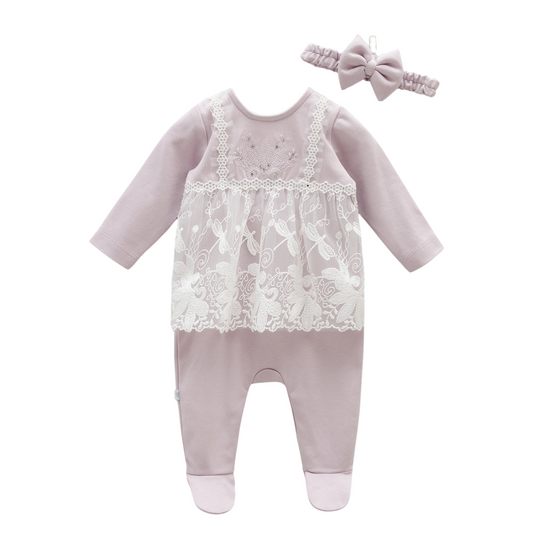 6832 Caramell Baby Girl Romper with Lace & Headband | Dressy & Everyday | 0–9M | 100% Cotton