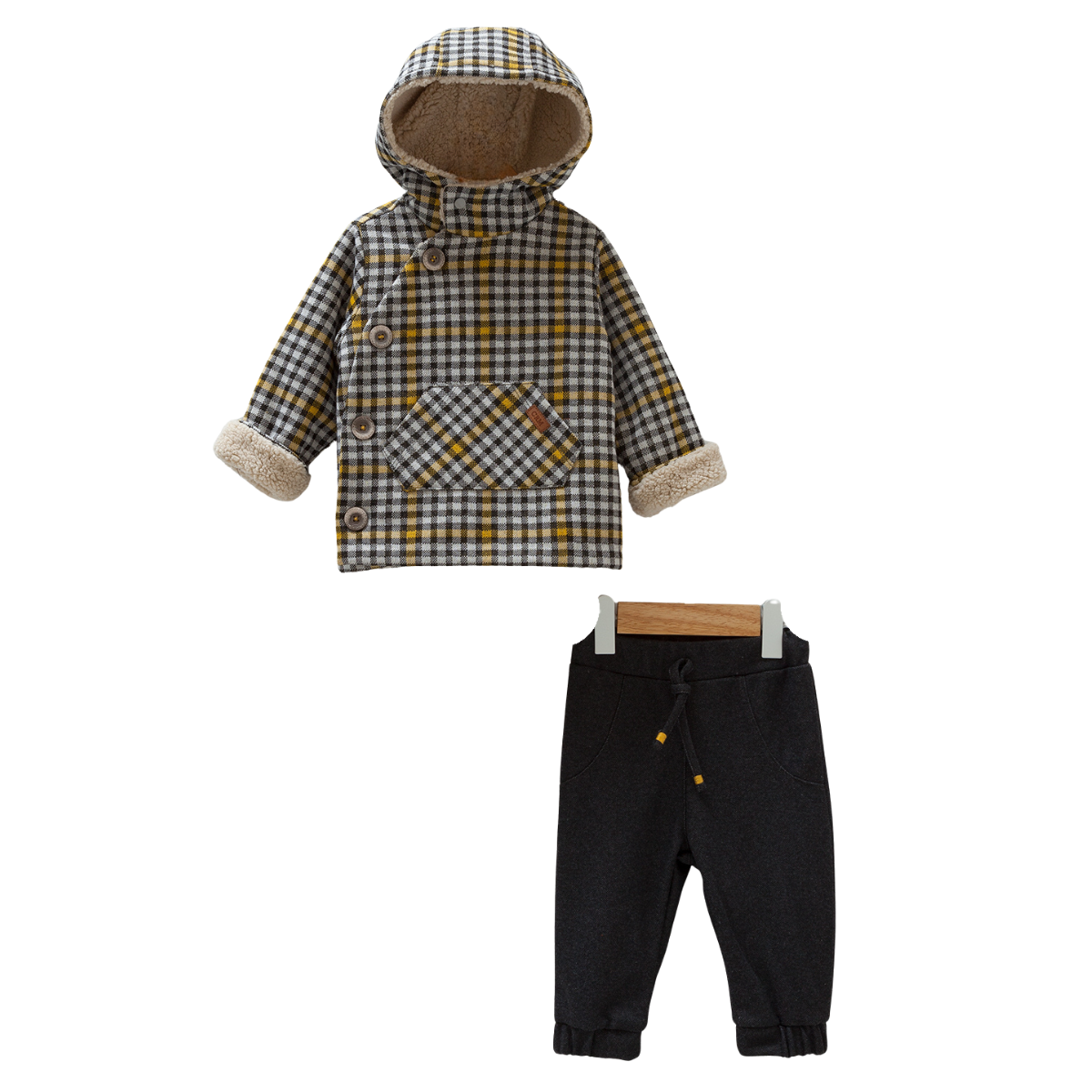 8476 Caramell Baby Boys’ Mid-Season Plush 2-Piece Set – Plaid Hooded Jacket & Pants | Sizes 3–18 Months | Made in Turkey