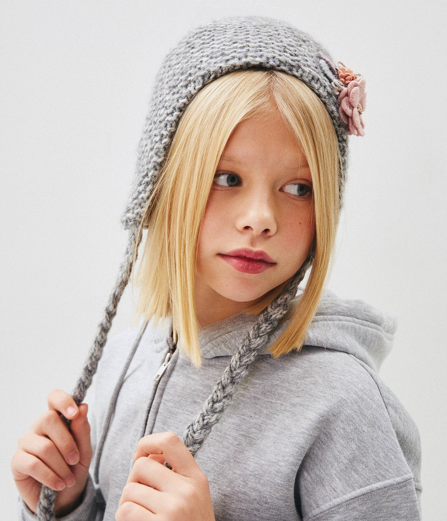 10143 Girls’ Winter Knit Hat with Textile Flower Appliqué & Long Tie Strings | Cotton Lining | Size 54–56 cm (7–12 Years)