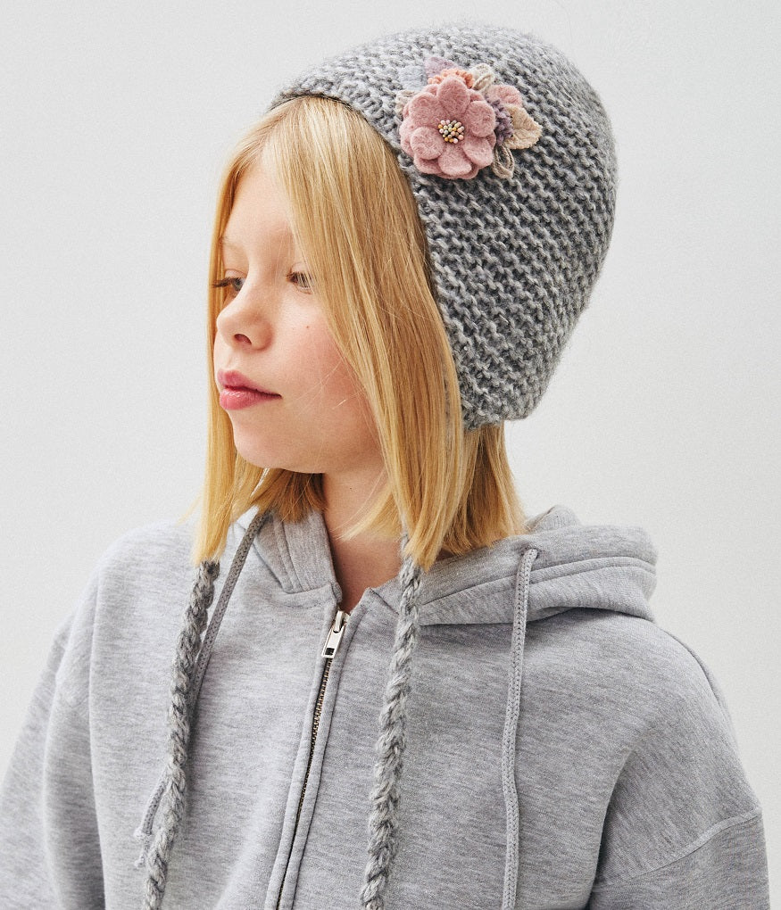 10143 Girls’ Winter Knit Hat with Textile Flower Appliqué & Long Tie Strings | Cotton Lining | Size 54–56 cm (7–12 Years)
