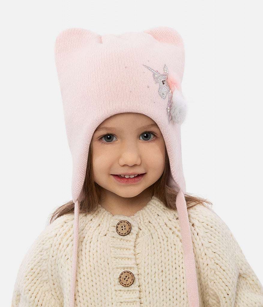 11325 Girls’ Winter Knit Hat with Cat Ears, Rhinestone Unicorn & Small Fur Pom-Poms | Size 52–54 cm | Ages 3–5 Years | Wool & Cashmere Blend | Cotton Lining