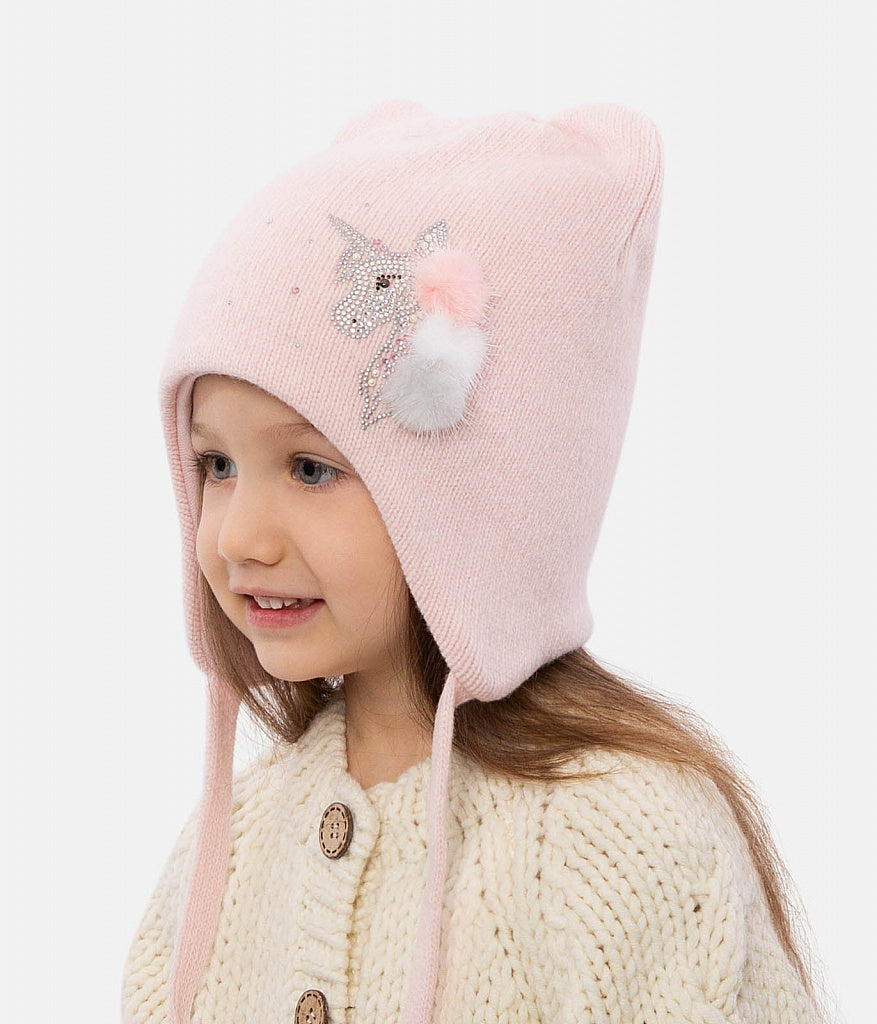 11325 Girls’ Winter Knit Hat with Cat Ears, Rhinestone Unicorn & Small Fur Pom-Poms | Size 52–54 cm | Ages 3–5 Years | Wool & Cashmere Blend | Cotton Lining
