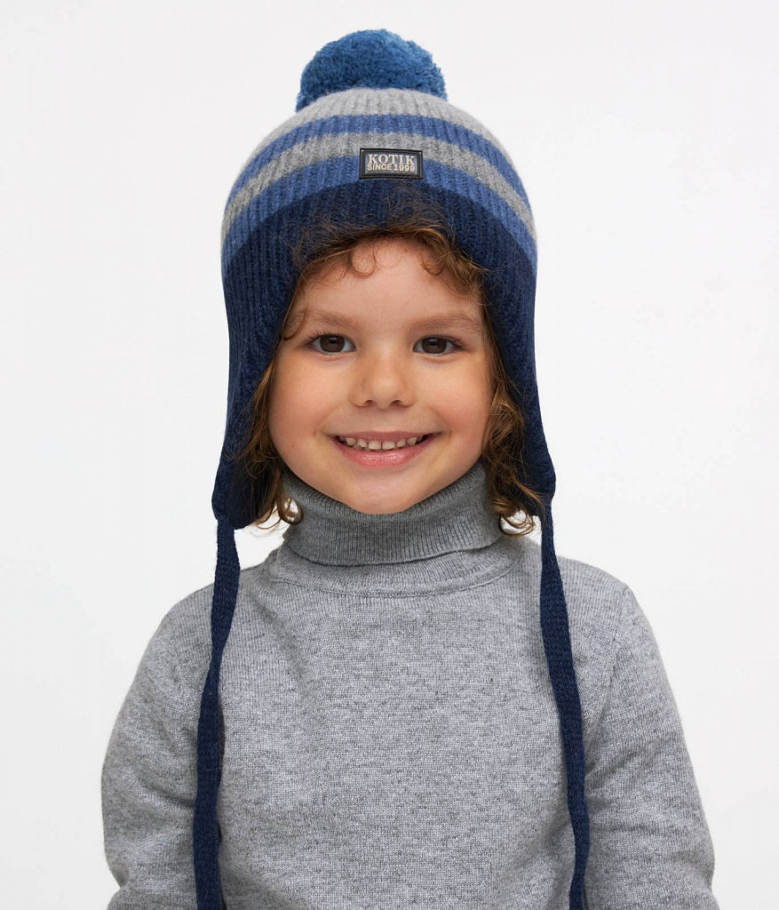11103 Boys’ Striped Winter Knit Hat with Pom-Pom & Earflaps | Sizes 50–52 cm | 18–36 Months | Baby Alpaca, Wool | 100% Cotton Lining
