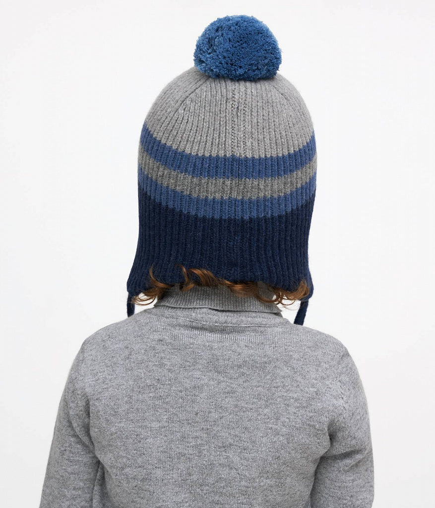 11103 Boys’ Striped Winter Knit Hat with Pom-Pom & Earflaps | Sizes 50–52 cm | 18–36 Months | Baby Alpaca, Wool | 100% Cotton Lining