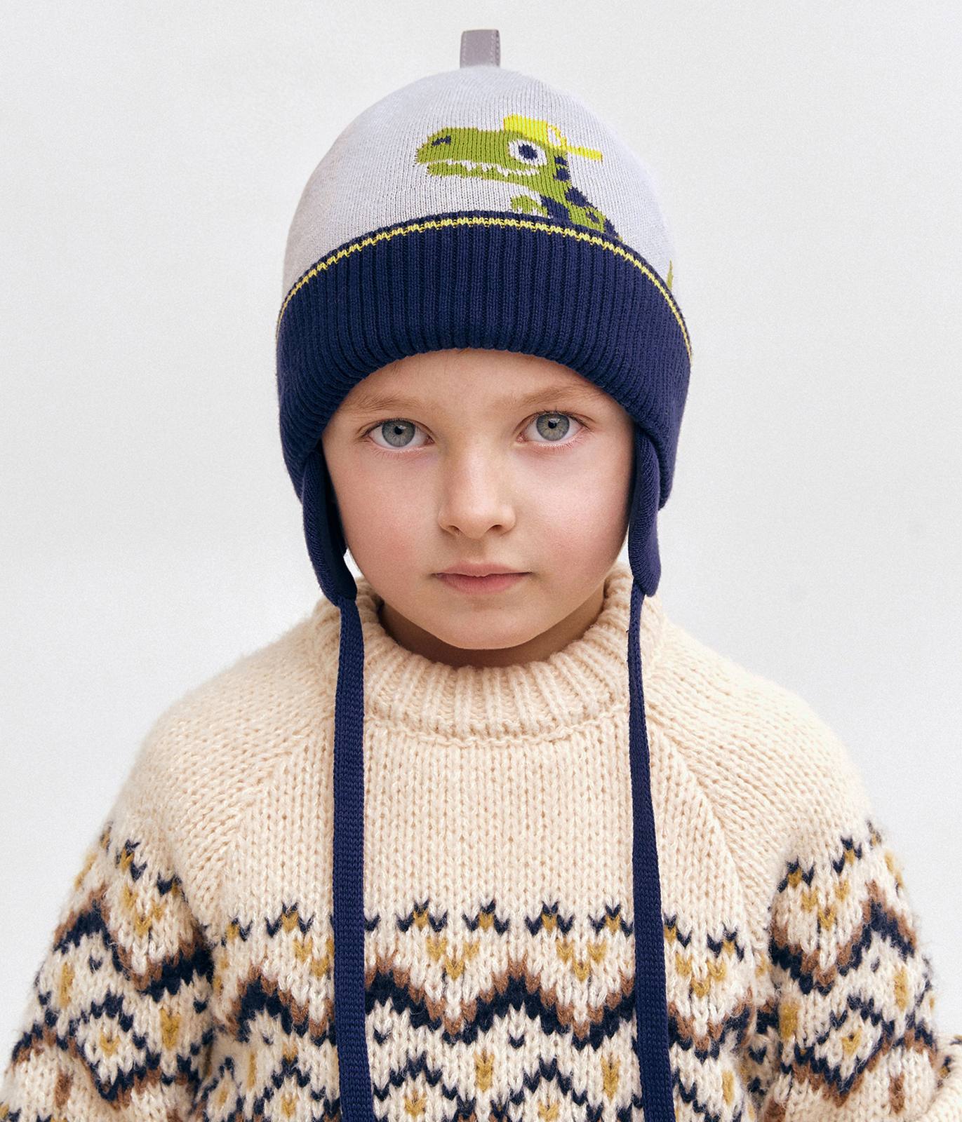 11706 Boys' Dinosaur Knit Beanie with Earflaps 🦕 100% Cotton | Size 50–52 | Ages 18–36 Months | Spring & Autumn
