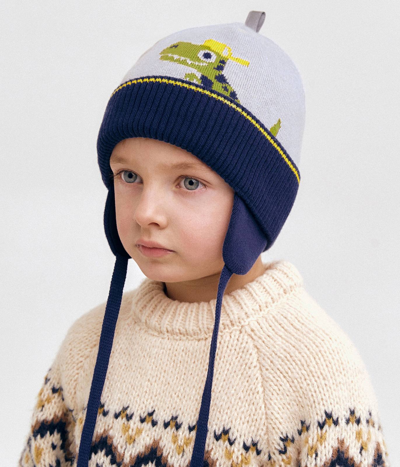 11706 Boys' Dinosaur Knit Beanie with Earflaps 🦕 100% Cotton | Size 50–52 | Ages 18–36 Months | Spring & Autumn