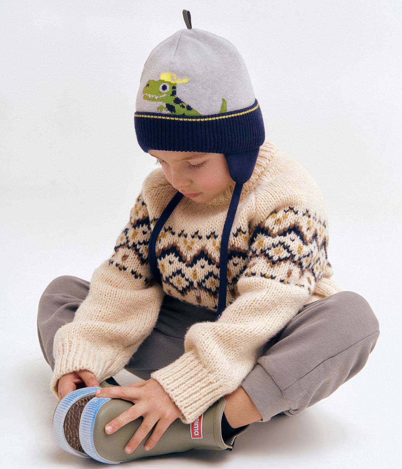 11706 Boys' Dinosaur Knit Beanie with Earflaps 🦕 100% Cotton | Size 50–52 | Ages 18–36 Months | Spring & Autumn
