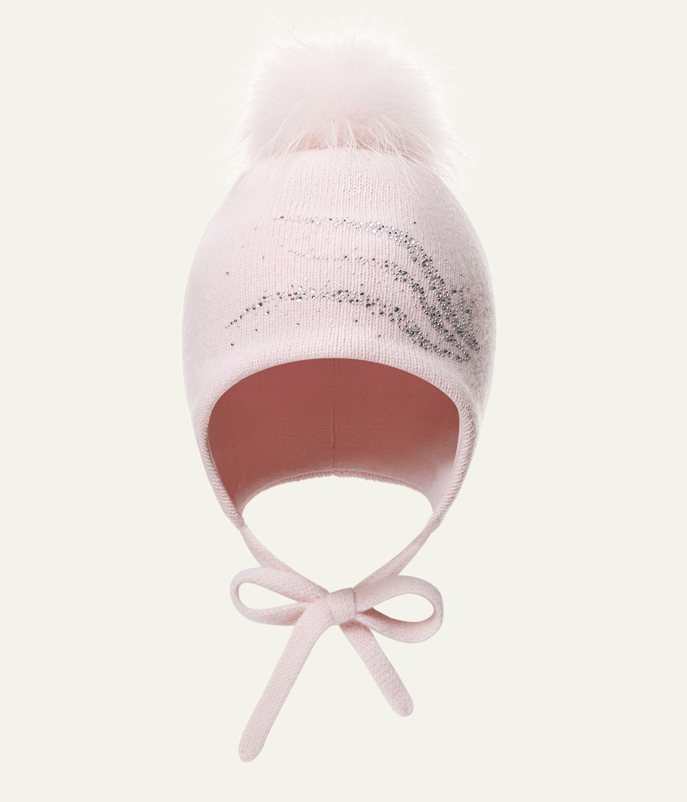 11565 Girls’ Winter Knit Hat with Natural Fur Pom-Pom and Rhinestone Design | Size 54–56 cm | Ages 6–12 | Cashmere, Wool, Cotton Lining | Down to –20°C