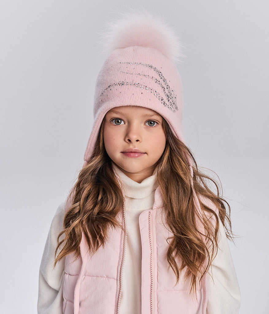 11565 Girls’ Winter Knit Hat with Natural Fur Pom-Pom and Rhinestone Design | Size 54–56 cm | Ages 6–12 | Cashmere, Wool, Cotton Lining | Down to –20°C