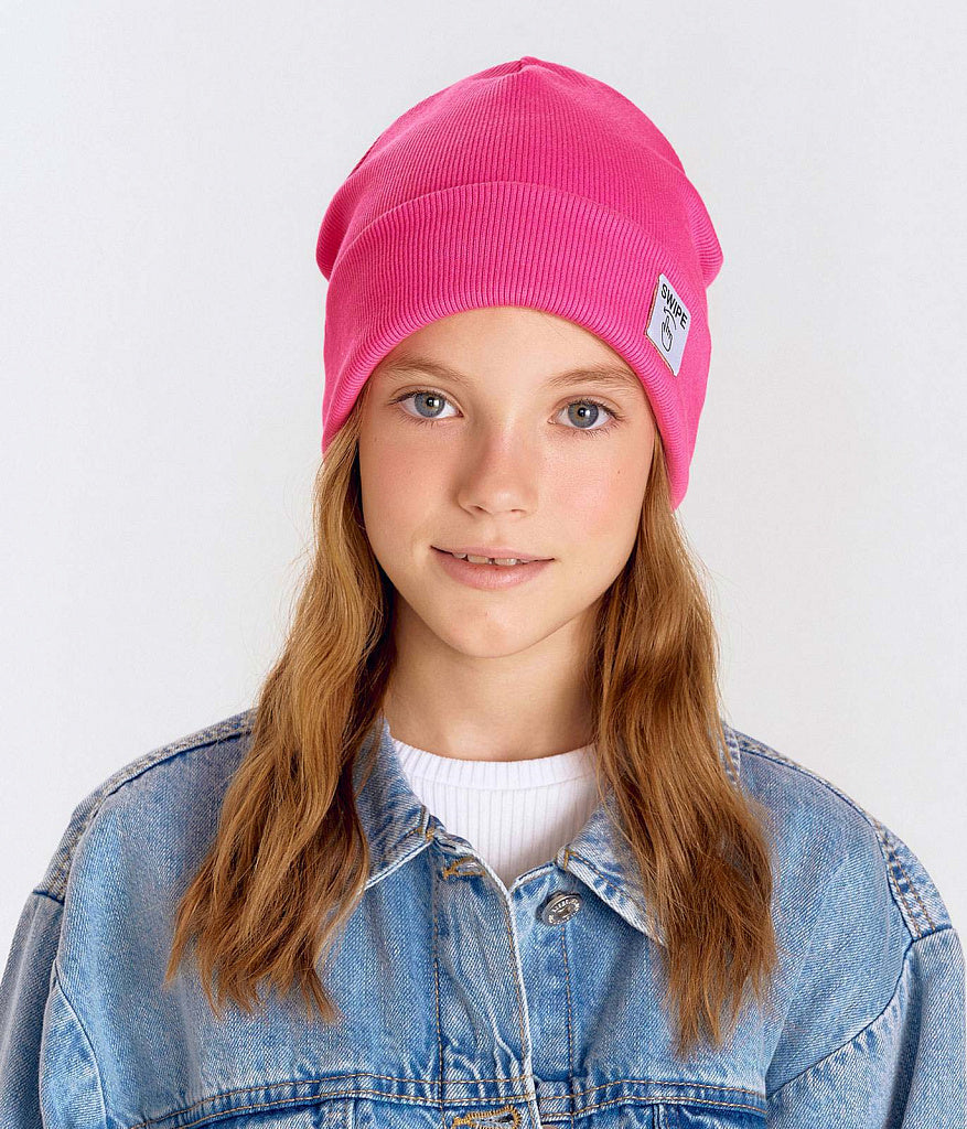 12049 Unisex Kids' Ribbed Cotton Beanie Hat with "Swipe" Patch | Spring & Fall | Ages 3–12