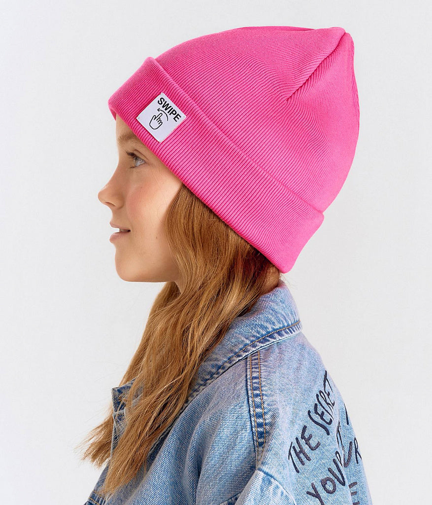 12049 Unisex Kids' Ribbed Cotton Beanie Hat with "Swipe" Patch | Spring & Fall | Ages 3–12