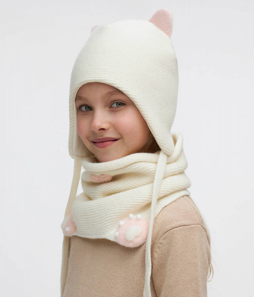 11461 Girls’ Winter Hat & Snood Set with Cute Ears and Paw Details – Cashmere & Wool Blend | Ages 3–5 Years (52–54 cm) | 100% Cotton Lining