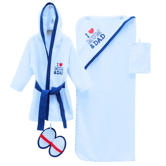 7772 Terry Baby Boy Bath Set 4-Piece “I ♥ Mum & Dad” – Hooded Robe (from 9–24 M), Hooded Towel, Slippers & Wash Mitt | 100% Cotton | Ages 0–2 Years | Made in Turkey | Perfect Gift
