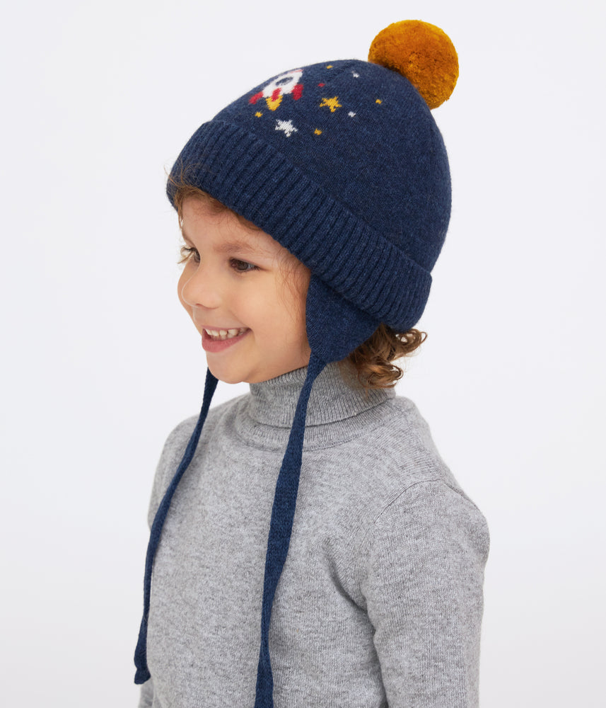 11260 Boys’ Knitted Winter Hat with Pom-Pom & Earflaps – Rocket & Stars Design | Sizes 48–50 cm | 9–18 Months | Сashmere, Wool | 100% Cotton Lining