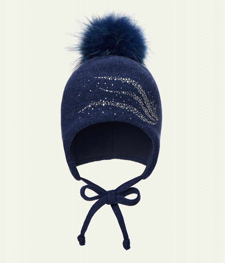 11565 Girls’ Winter Knit Hat with Natural Fur Pom-Pom and Rhinestone Design | Size 54–56 cm | Ages 6–12 | Cashmere, Wool, Cotton Lining | Down to –20°C