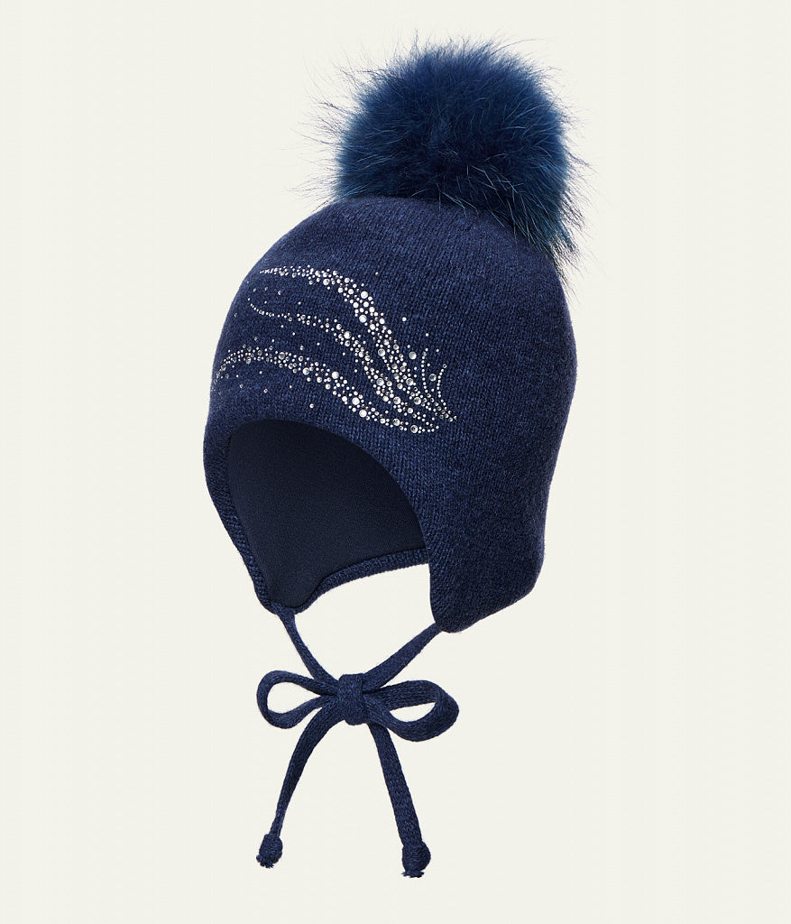 11565 Girls’ Winter Knit Hat with Natural Fur Pom-Pom and Rhinestone Design | Size 54–56 cm | Ages 6–12 | Cashmere, Wool, Cotton Lining | Down to –20°C
