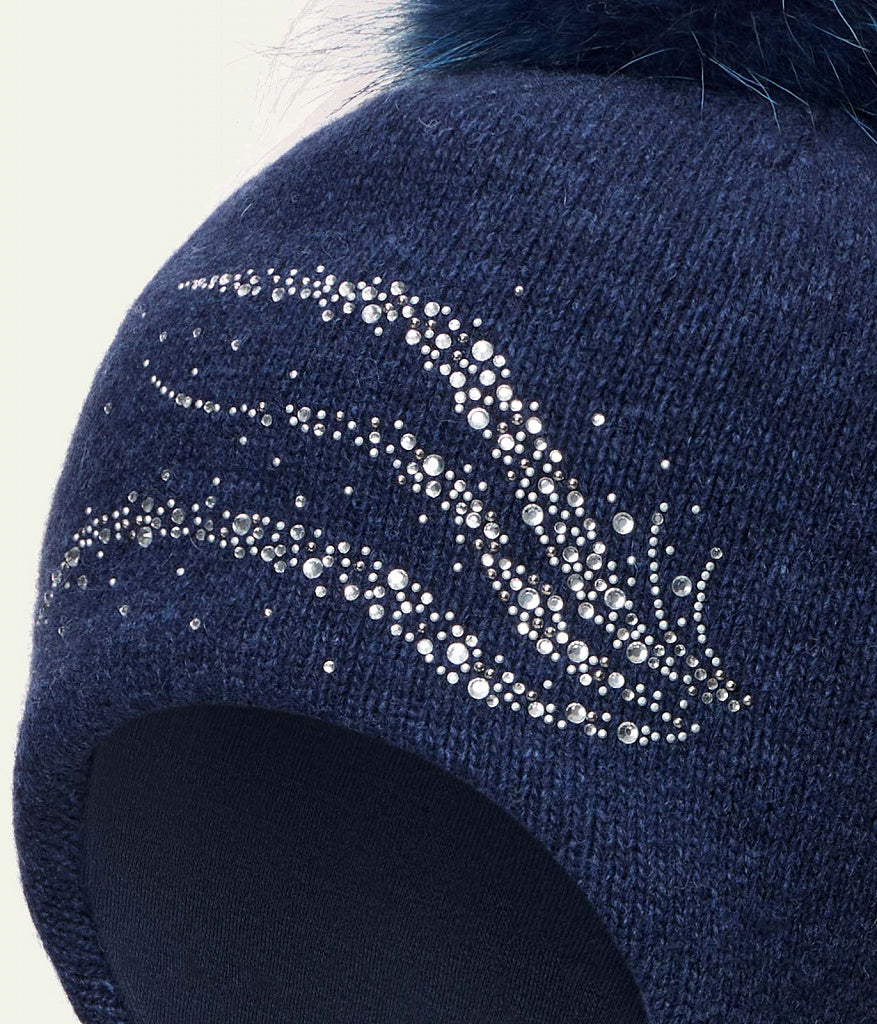 11565 Girls’ Winter Knit Hat with Natural Fur Pom-Pom and Rhinestone Design | Size 54–56 cm | Ages 6–12 | Cashmere, Wool, Cotton Lining | Down to –20°C