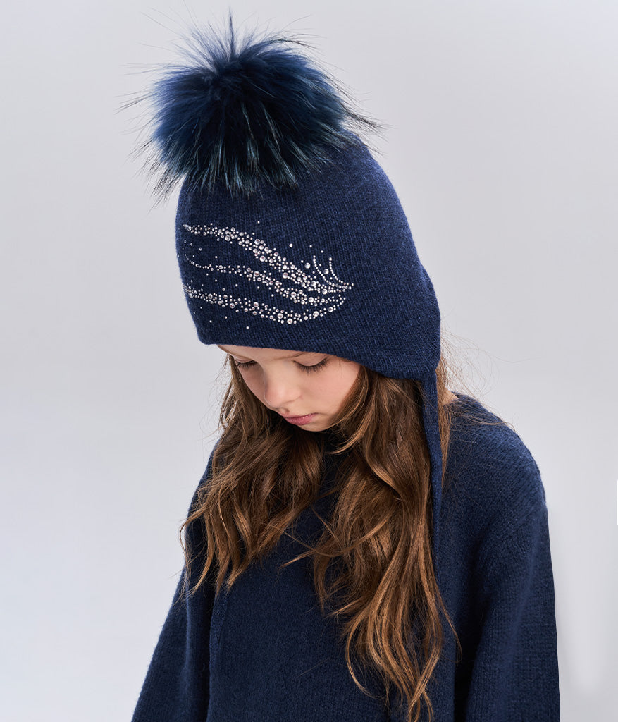 11565 Girls’ Winter Knit Hat with Natural Fur Pom-Pom and Rhinestone Design | Size 54–56 cm | Ages 6–12 | Cashmere, Wool, Cotton Lining | Down to –20°C