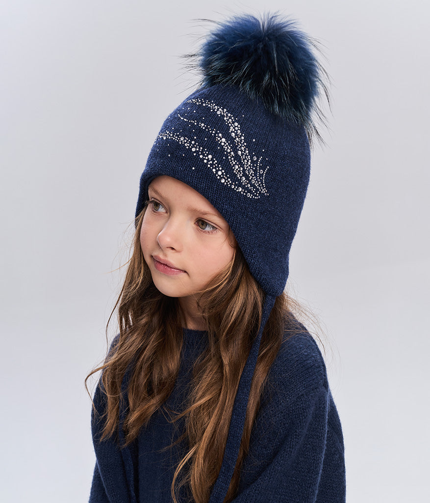 11565 Girls’ Winter Knit Hat with Natural Fur Pom-Pom and Rhinestone Design | Size 54–56 cm | Ages 6–12 | Cashmere, Wool, Cotton Lining | Down to –20°C
