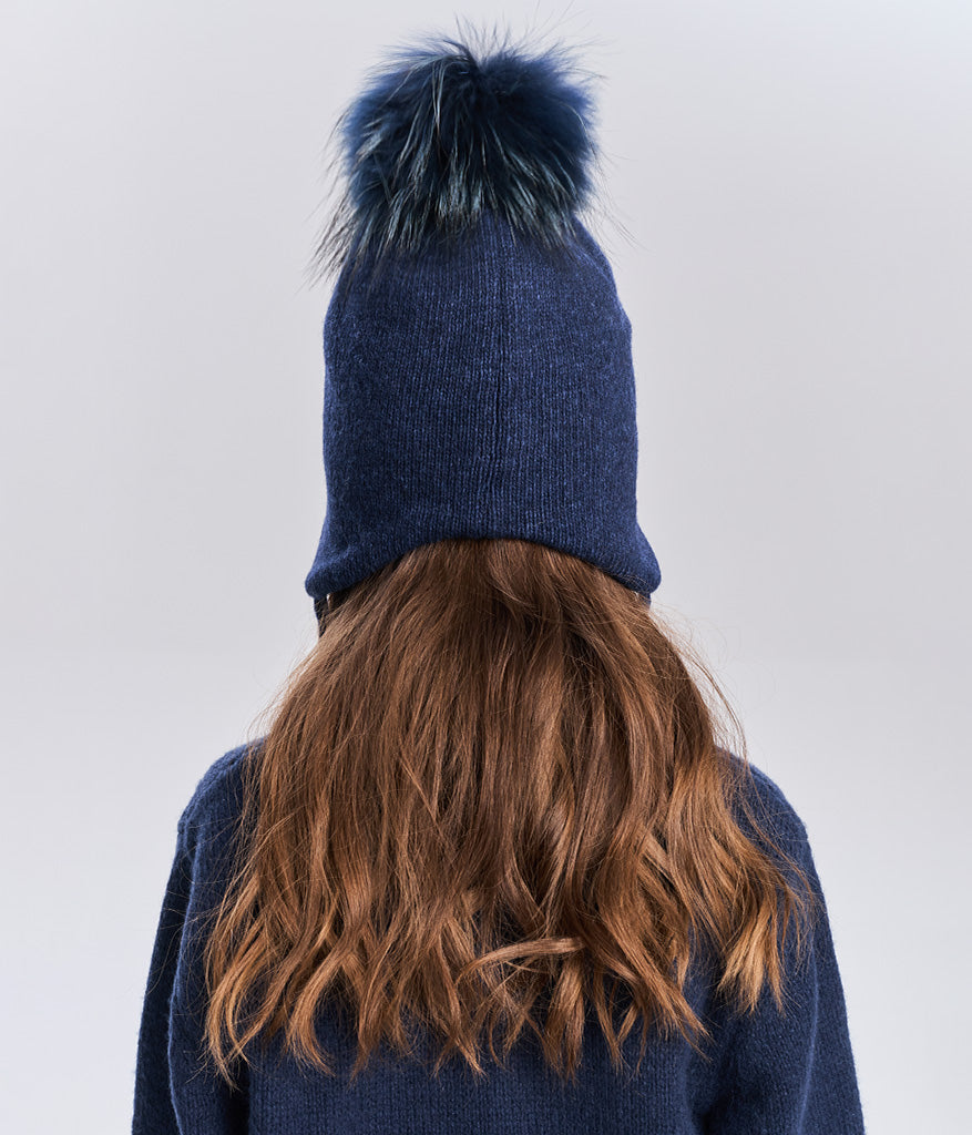 11565 Girls’ Winter Knit Hat with Natural Fur Pom-Pom and Rhinestone Design | Size 54–56 cm | Ages 6–12 | Cashmere, Wool, Cotton Lining | Down to –20°C