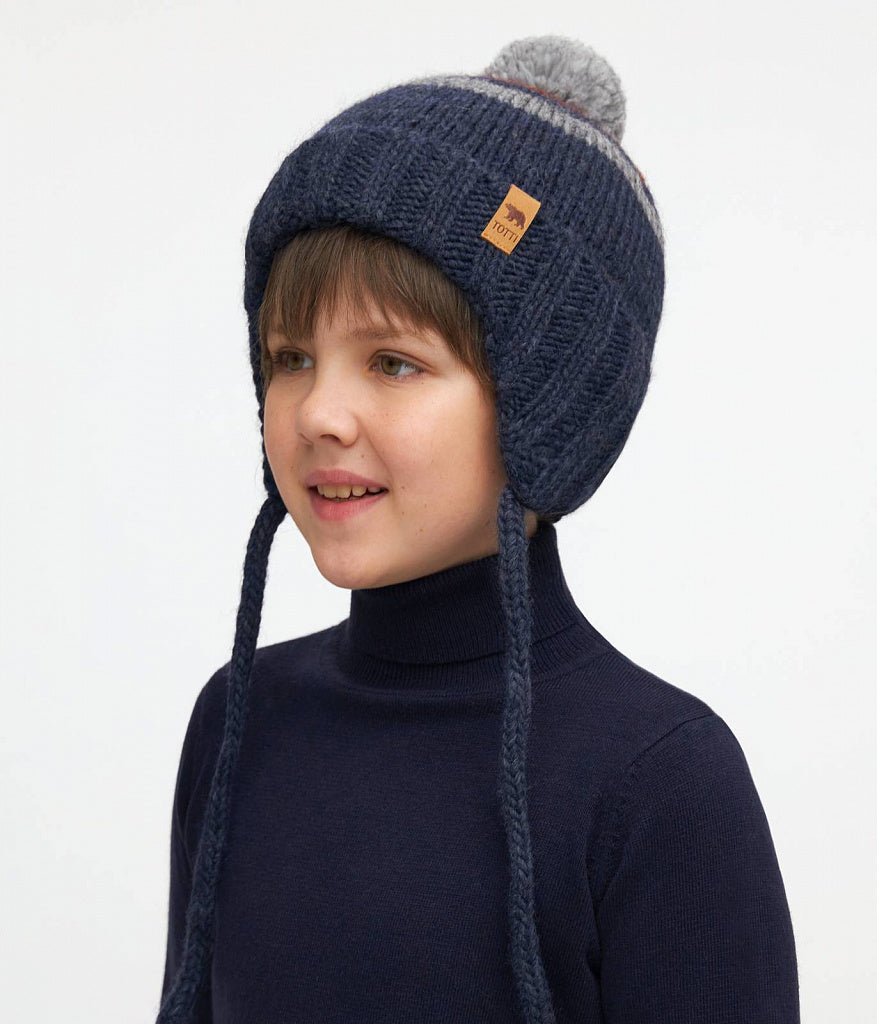 11011 Boys’ Winter Knit Hat with Colorful Stripes & Pom-Pom – Wool Blend | Size 52-54, 54-56| 3–5, 6-12 years | Baby Alpaca, Wool | 100% Cotton Lining