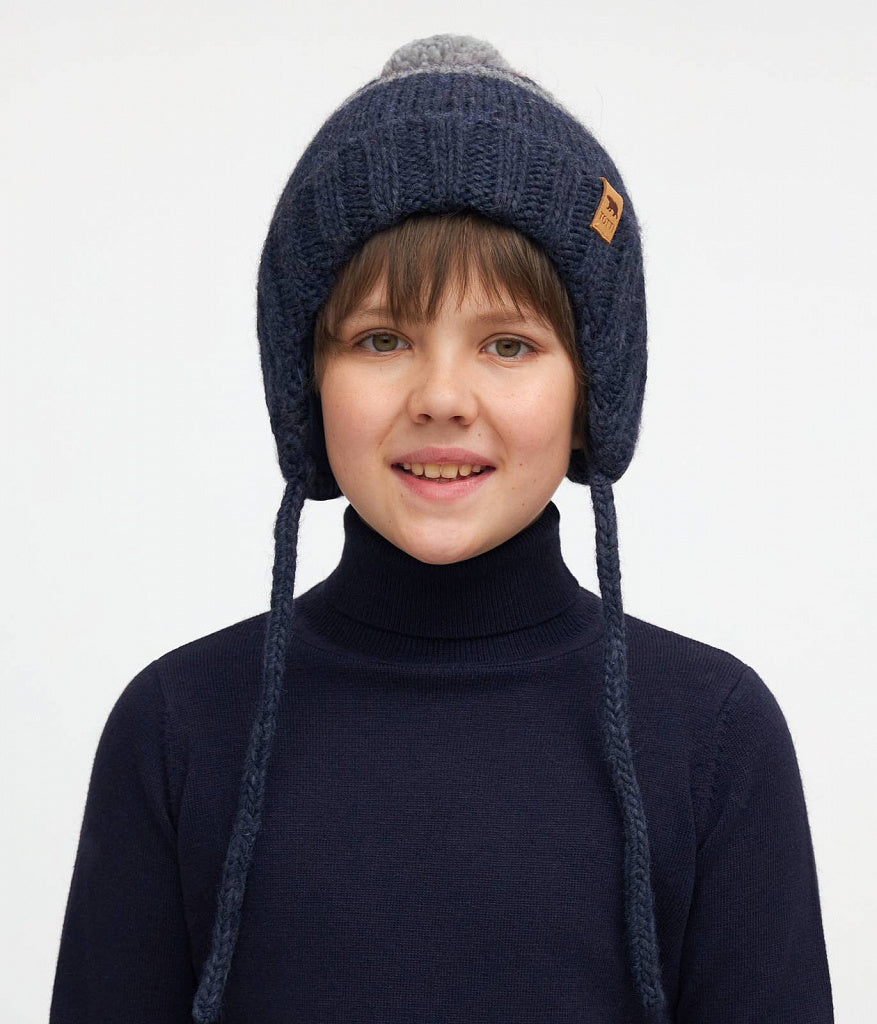11011 Boys’ Winter Knit Hat with Colorful Stripes & Pom-Pom – Wool Blend | Size 52-54, 54-56| 3–5, 6-12 years | Baby Alpaca, Wool | 100% Cotton Lining