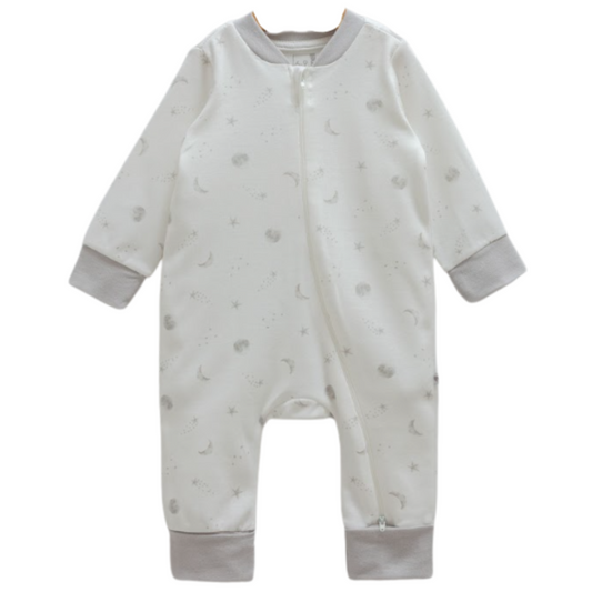 Unisex cotton zip-up sleepsuit in light blue, pink, and gray, made in Turkey