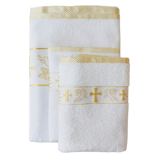 Christening Towel for Baby – White with Gold or Silver Embroidery | 100% Turkish Cotton | Baptism Towel | 2 Sizes | Velour or Terry