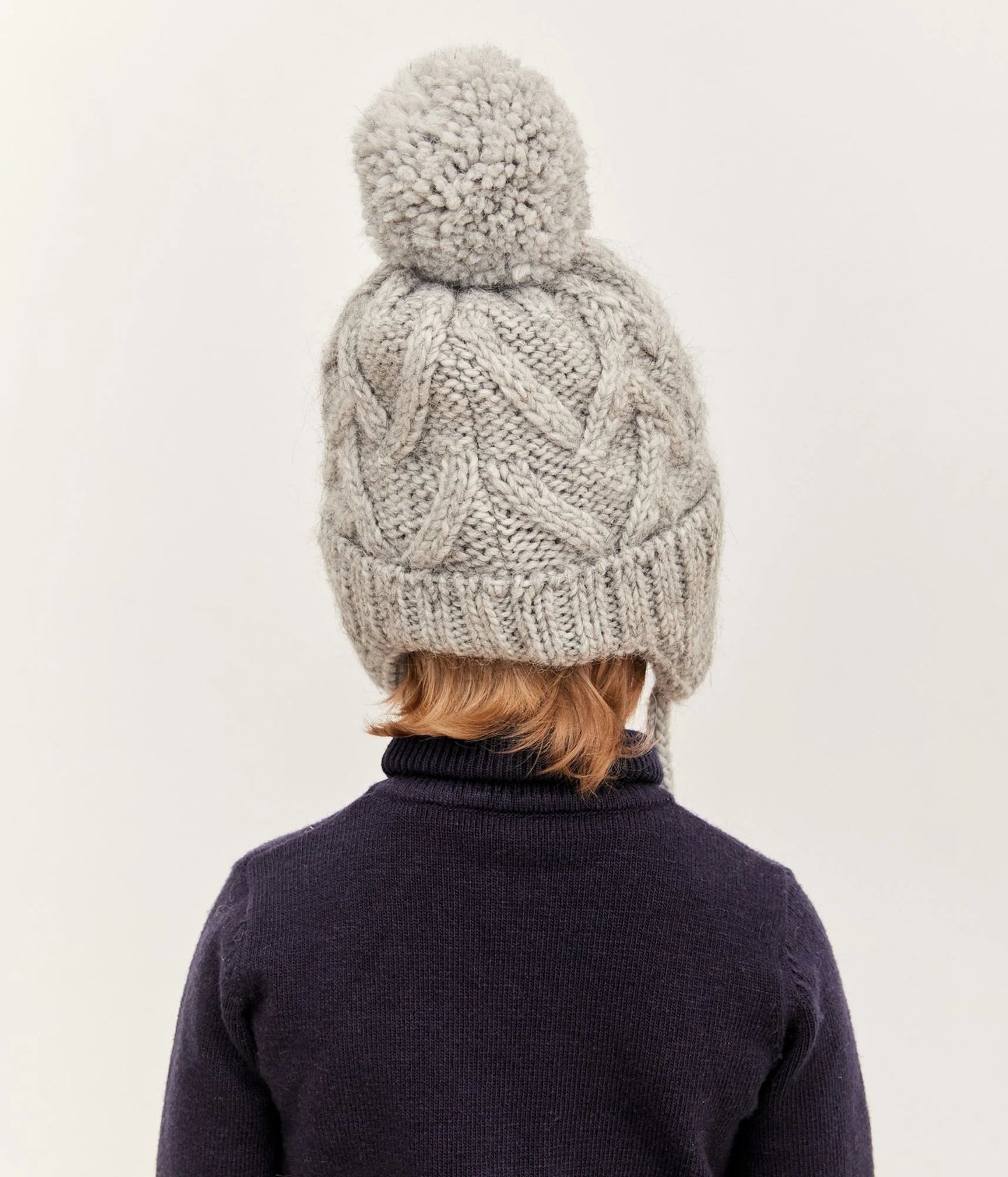 90039 Boys’ Winter Knit Hat with Pom-Pom & Earflaps – Gray Cable Knit Design | Size 52-54 | 3–5 years | Baby Alpaca, Wool | 100% Cotton Lining