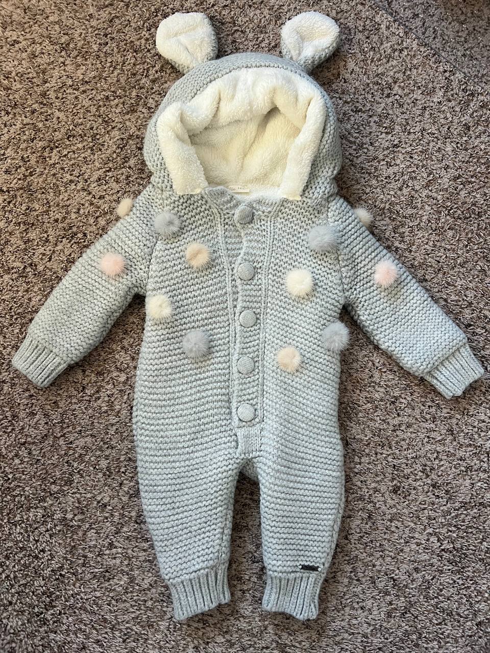 7043 Knitted Baby Girl Jumpsuit with Plush Lining and Pom-Poms | Made in Turkey