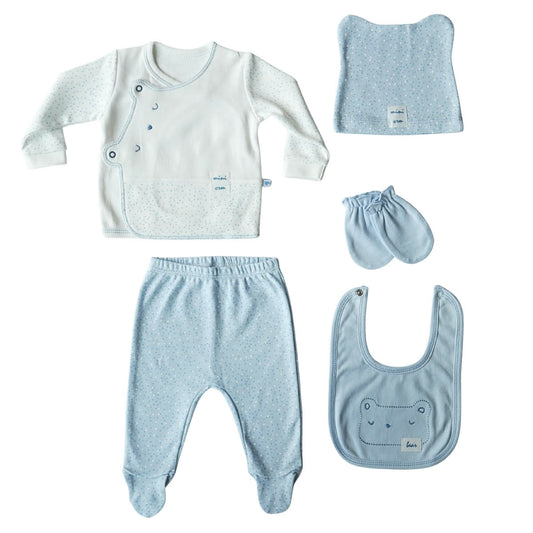 5242 100% Cotton Newborn Unisex 5-Piece Set – Wrap Top, Footed Pants, Ear Hat, Mittens, Hippo Bib |Size 0-3 months | Spring Baby Outfit | Turkey