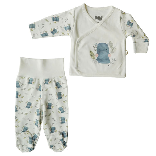 3119 WOWO: 100% Cotton Newborn Unisex Set – Wrap Top with Mittens & Footed Pants | Animal Print Baby Outfit | 0-3 Months | Turkey
