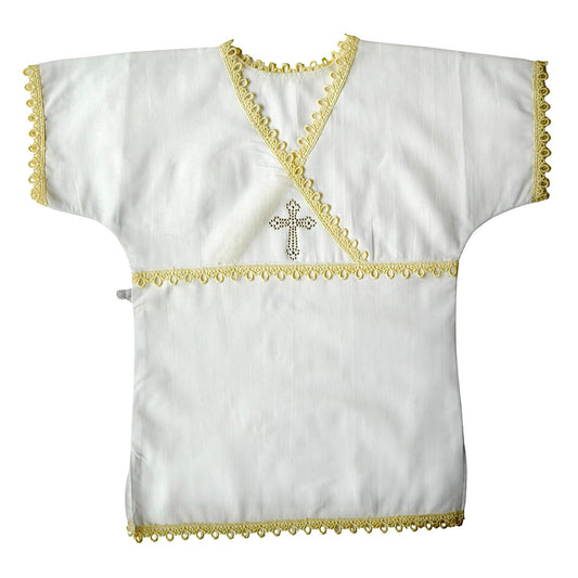White Christening Shirt for Boys & Girls | Short Sleeve | Gold Cross & Gold Lace | Cotton Knit or Linen | Baby Baptism Gown 0–12M