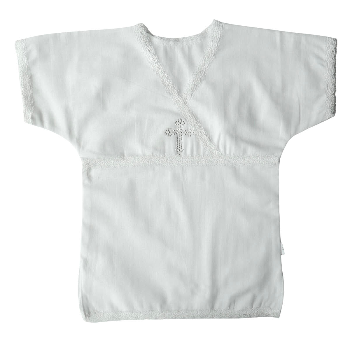 🕊 White Christening Shirt for Boys & Girls | Short Sleeve | Rhinestone Cross & Lace | Cotton Knit or Linen | Baby Baptism Gown 0–12M