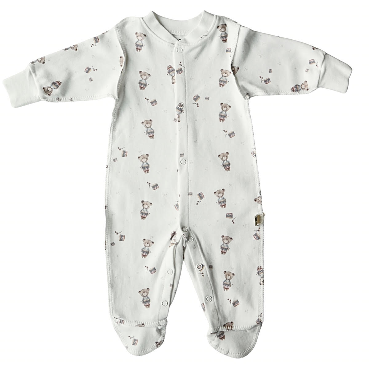 3042 Unisex Newborn Footed Romper – 100% Cotton, External Seams, Built-in Mittens, Snaps Closure | Cute Prints | Autumn-Spring | 0-3 Months | Made in Turkey