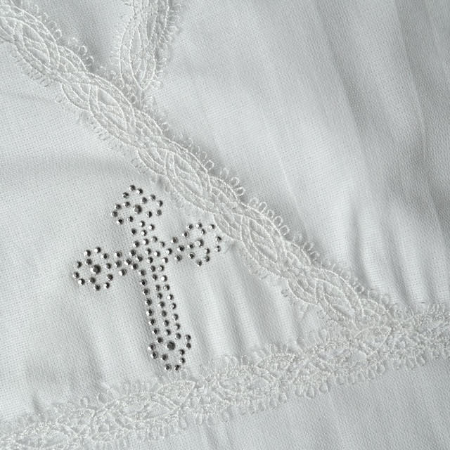 🕊 White Christening Shirt for Boys & Girls | Short Sleeve | Rhinestone Cross & Lace | Cotton Knit or Linen | Baby Baptism Gown 0–12M