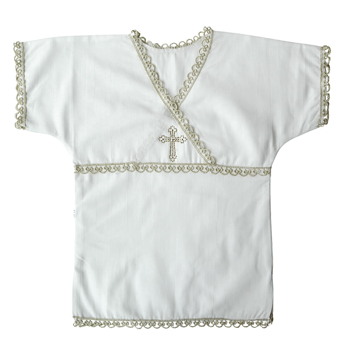 White Christening Shirt for Boys & Girls | Short Sleeve | Gold Cross & Gold Lace | Cotton Knit or Linen | Baby Baptism Gown 0–12M
