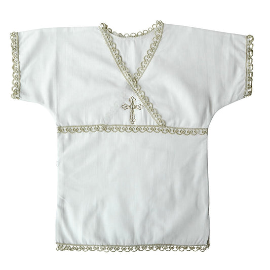 White Christening Shirt for Boys & Girls | Short Sleeve | Gold Cross & Gold Lace | Cotton Knit or Linen | Baby Baptism Gown 0–12M