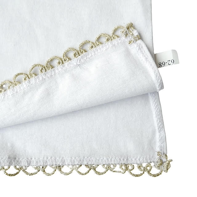 White Christening Shirt for Boys & Girls | Short Sleeve | Gold Cross & Gold Lace | Cotton Knit or Linen | Baby Baptism Gown 0–12M