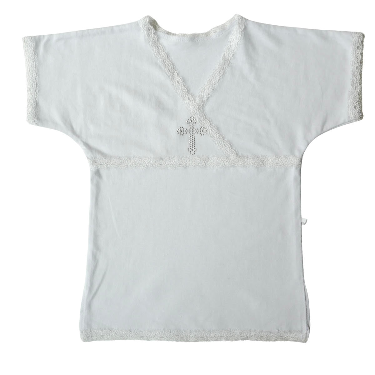 🕊 White Christening Shirt for Boys & Girls | Short Sleeve | Rhinestone Cross & Lace | Cotton Knit or Linen | Baby Baptism Gown 0–12M